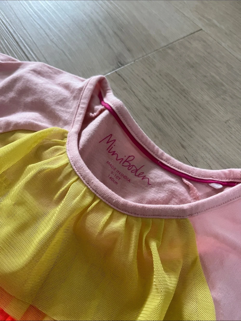 Mini Boden Pink Tee with Rainbow Ruffle Front
